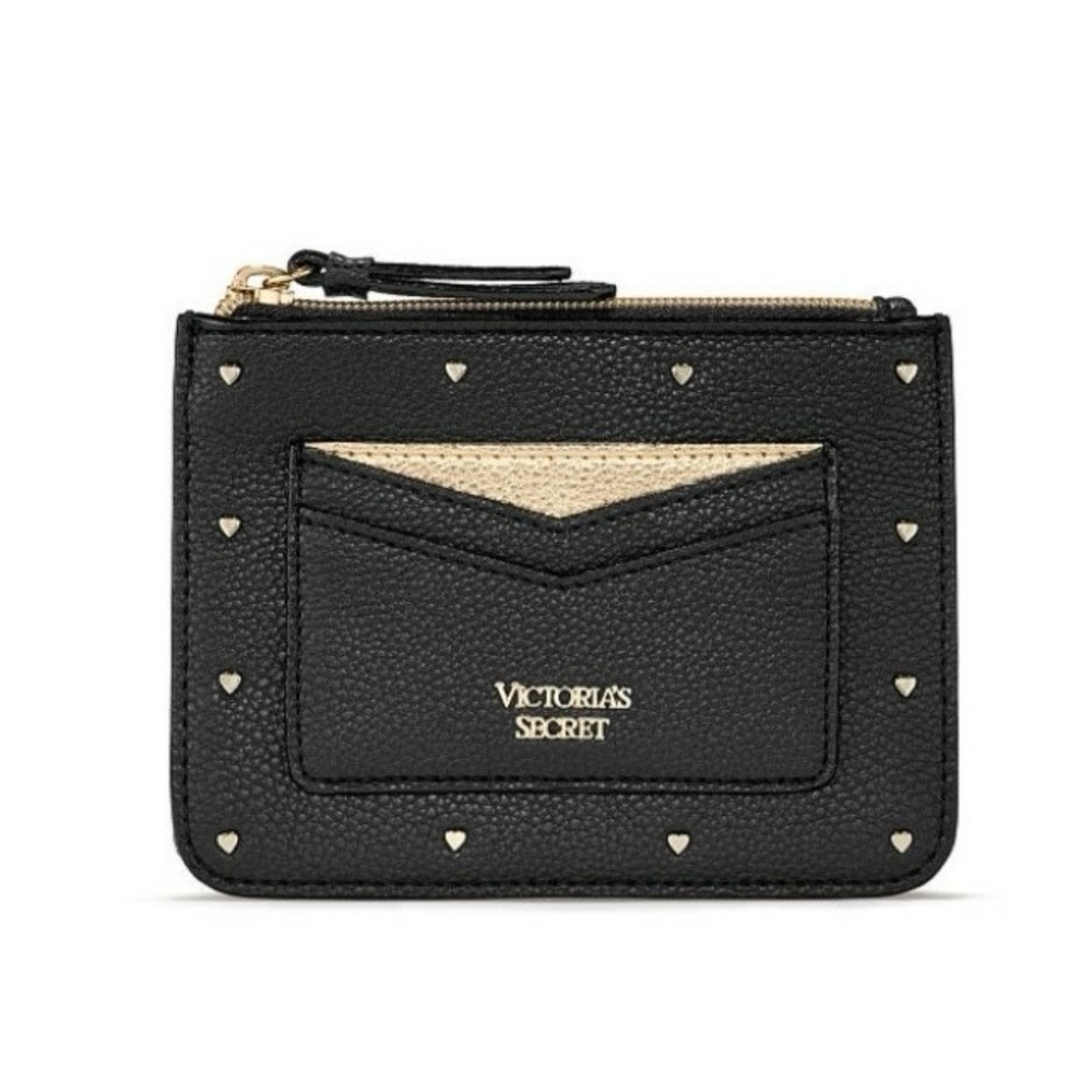 Victoria's Secret Heart Studded Zip Top Card Case & Key Holder Wallet Black Gold